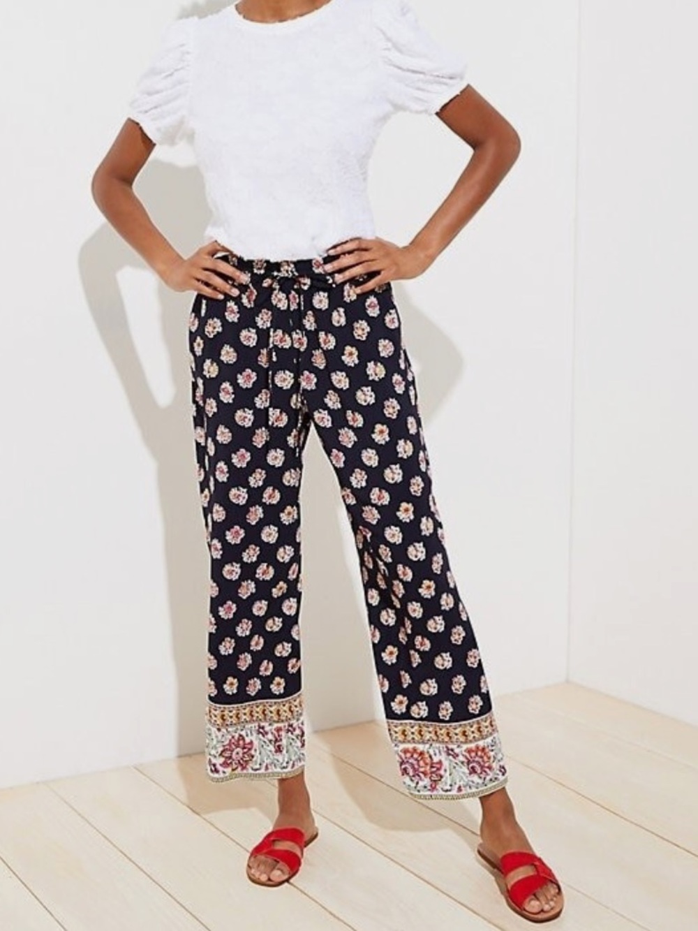 NWT Ann Taylor Loft M Tall Fluid Palazzo Pants Elastic Drawstring Waist Floral